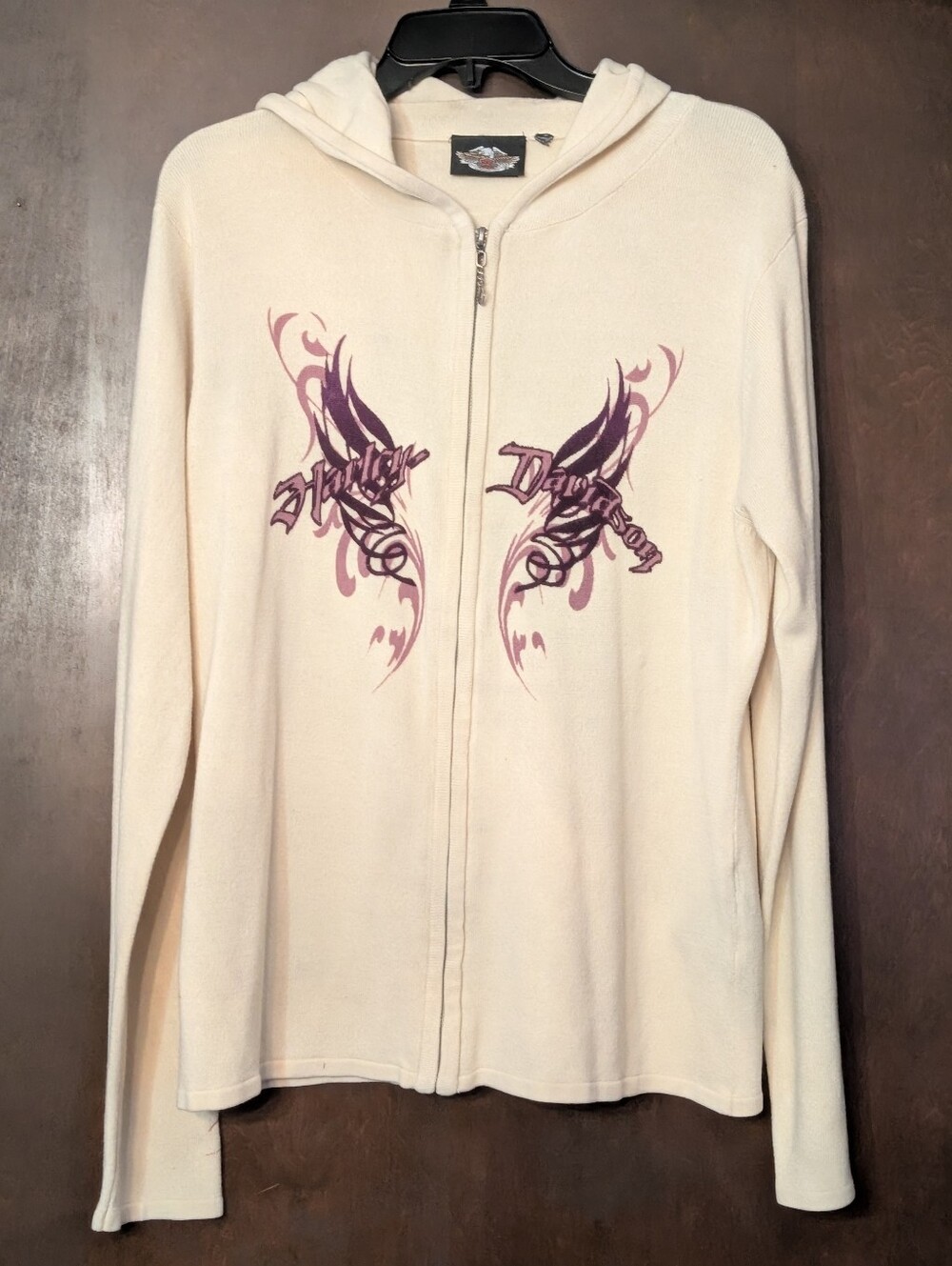 Y2K Harley-Davidson Cream Hooded Zip-Up with Purple Tribal Graphic, Med